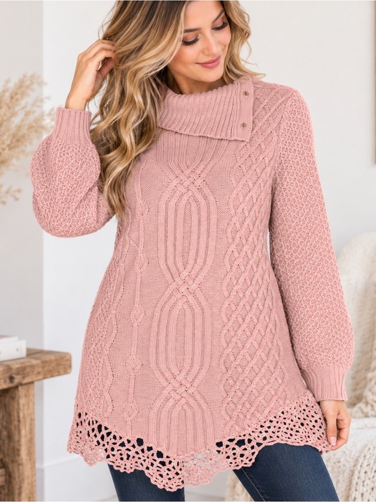 Roman’s Sweaters - Roman’s Pink Cable Knit Cowl Neck Tunic Sweater Crochet Hem 14/16